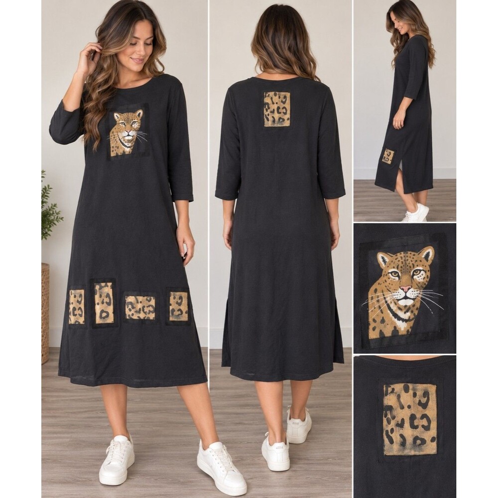 VTG Cover Charge Black Leopard Patch 3/4 Sleeve Maxi T Shirt Dress USA Made XL